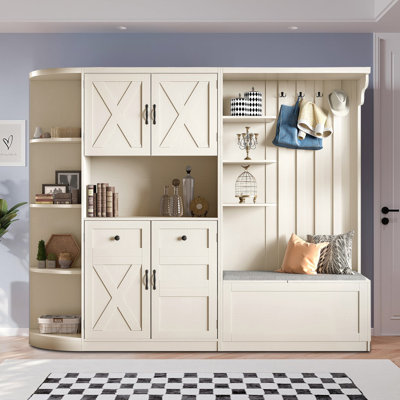 Multifunctional Farmhouse hall tree with bench, Hooks, Bench and Open Shelves Cabinet by Gracie Oaks