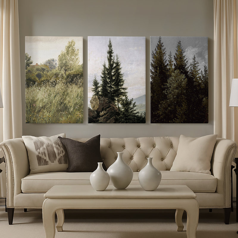 Paysage rétro CCXV - Toile tendue avec châssis sur mesure - 3 pièces, H 18 po x l 36 po