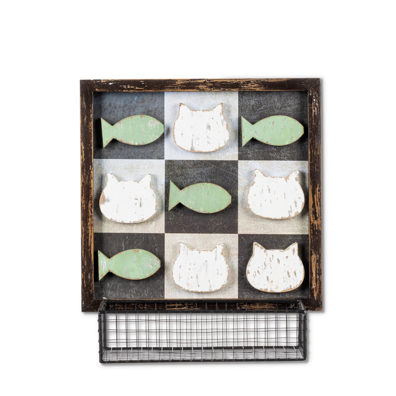 13.38in H Wooden Wall Hanging Cat Themed Tic-Tac-Toe Board with Metal Basket