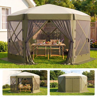 12x12 ft Pop-Up 6-Sided Screen Tent Gazebo - Portable collapsible Mesh Canopy for Camping, Patio & Backyard - Bug-Free Shelter - Color: Green