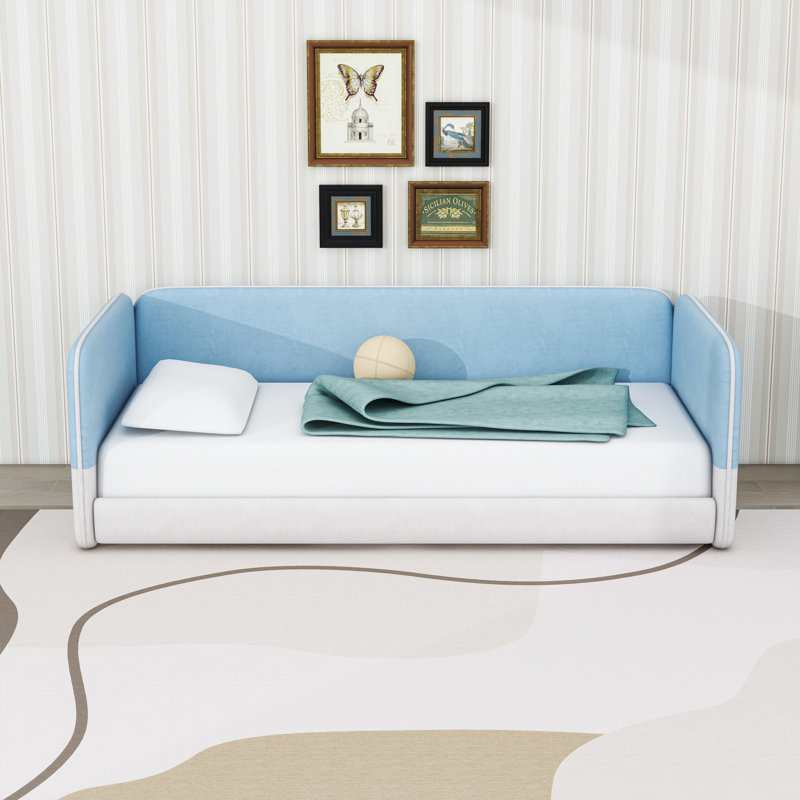 Upholstered Floor Bed with Armrests and Protective Side Rails, Blue