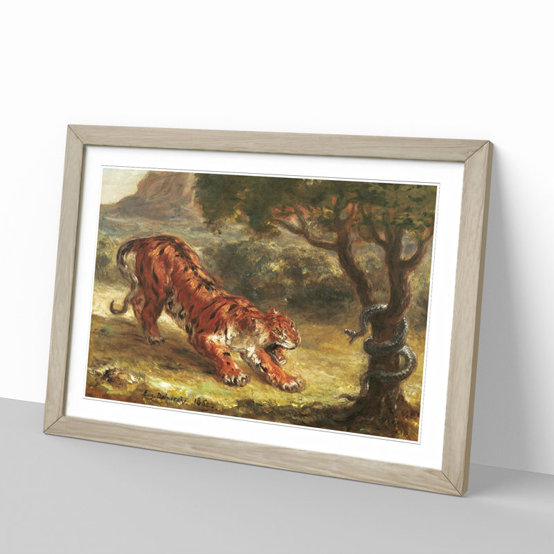 Tiger and Snake by Eugene Delacroix - Picture Frame Painting, 27cm H x 36cm W x 2cm D, Oak