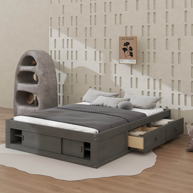 Lit plateforme avec tiroirs, cadre de lit en bois avec casier de rangement au pied de lit, sans tête de lit, Antique Grey