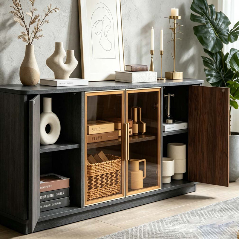 64-Inch Sideboard, Wooden Vertical Stripe Storage Cabinet