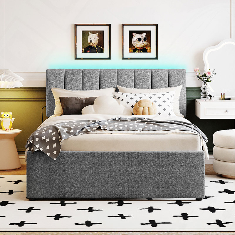 Lit plateforme tapissier avec lit gigogne double Teddy, Gris