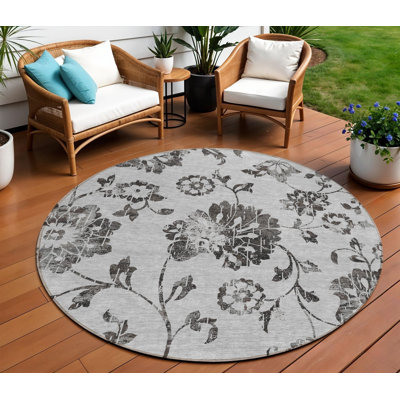 Tapis d'intérieur rond lavable floral gris anthracite et argent 8 pi