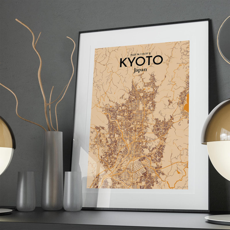 «Kyoto City Map», impression, Orange / or pâle, H 36 po x l 24 po