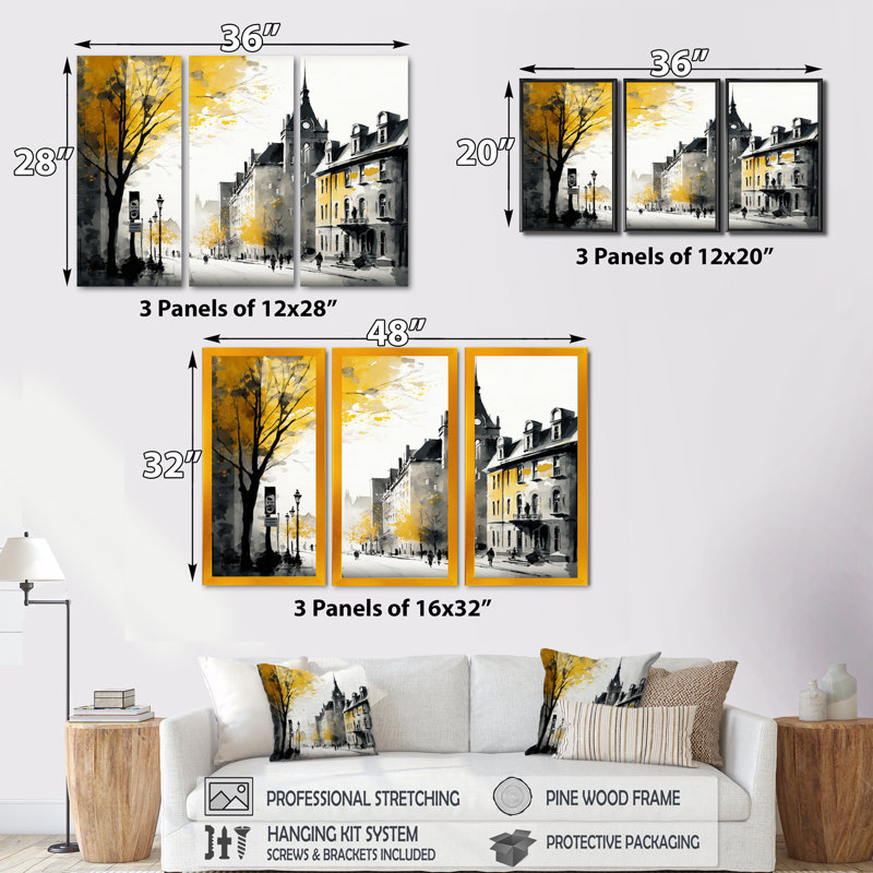 Vieux paysage urbain du Québec I - impression 3 pièces, H 32 po x l 48 po x P 1 po, Toile tendue