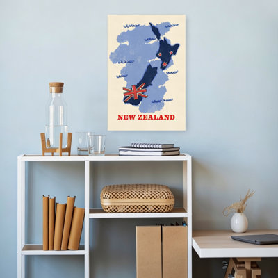 New Zealand Travel Map Retro Vintage Abstract Ocean Landscape Wall Art Print 1 Piece Wrapped Canvas Wall Art