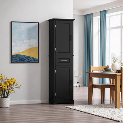 Armoire de rangement autoportante de 72,5 po de hauteur avec tablettes réglables, armoire en panneau de fibres à densité moyenne noir avec 2 portes et 1 tiroir, conception anti-arrachement pour salle de bain / salle de lavage