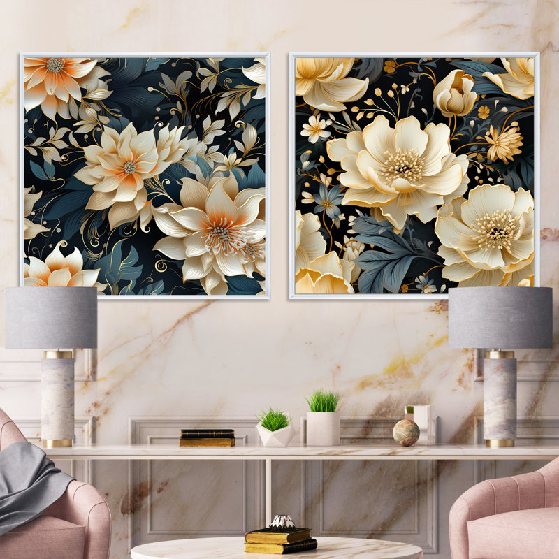 Jans - ensemble de 2 collages carrés floraux, Cadre flottant blanc, H 36 po x l 73 po