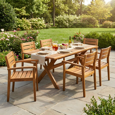 Ensemble 7 pièces de salle à manger d'extérieur en bois d'acacia, 6 grandes tables et 1 grande table, ensemble de mobilier de salle à manger pour pelouse, cour, terrasse de jardin, bord de piscine, teck