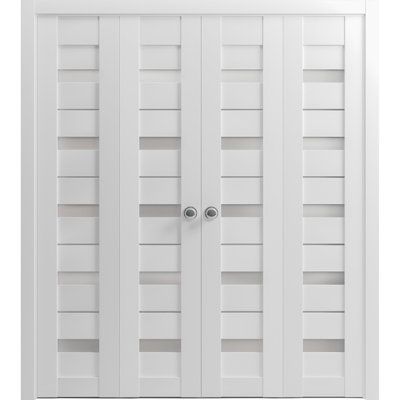 Sliding Closet Double Bi-fold Doors 96" x 84" (4* 24x84) Quadro 4445 White Silk with Frosted Glass Sturdy Tracks Moldings Trims Hardware Set Wood Solid Bedroom Wardrobe Doors
