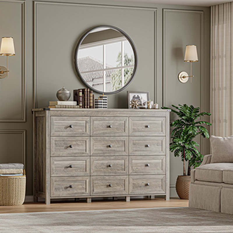 Commode 12 tiroirs 59 po avec poignées en métal, commode moderne pour chambre à coucher et salon, Gris