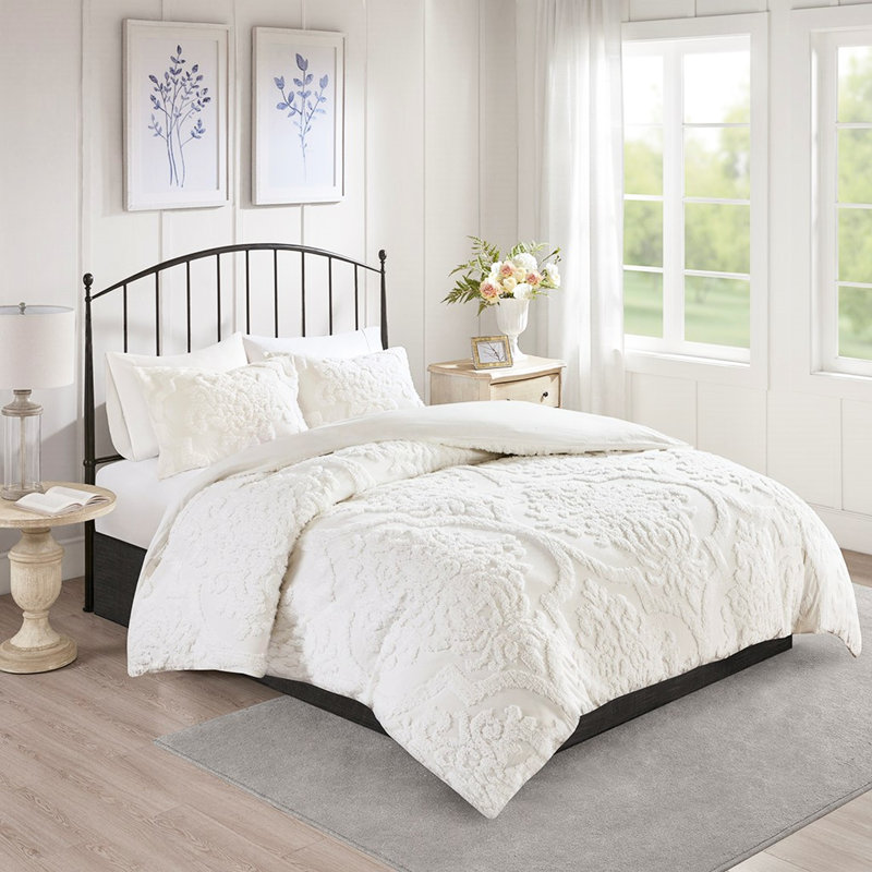 Housse de couette en chenille de coton 3 pièces très grand / très grand, blanc, 2 taies décoratives, fermeture à boutons, attaches de coin, lavable à la machine, look sophistiqué, conception, literie intérieure douce