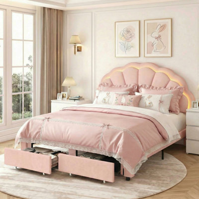 3-Piece Bedroom Sets, Modern Upholstered LED Bed With Drawer & 3-Tier White Nightstands