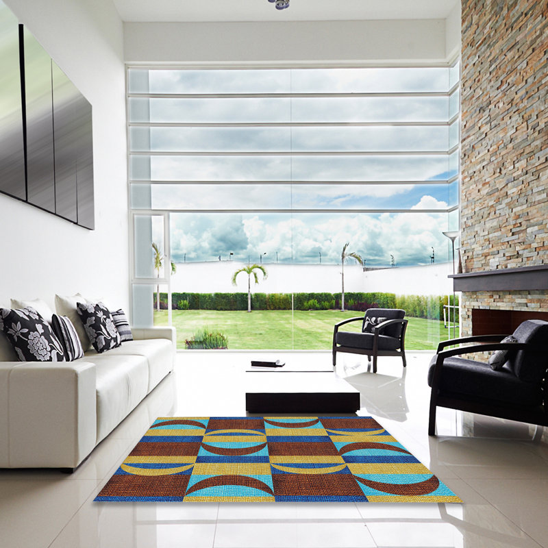 Tapis brun/vert/bleu à motifs, Carré 7 pi