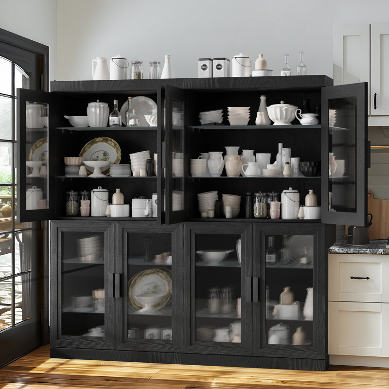 Ensemble de 4 armoires de rangement en bois avec portes en verre et armoire de rangement avec tablettes réglables, Noir