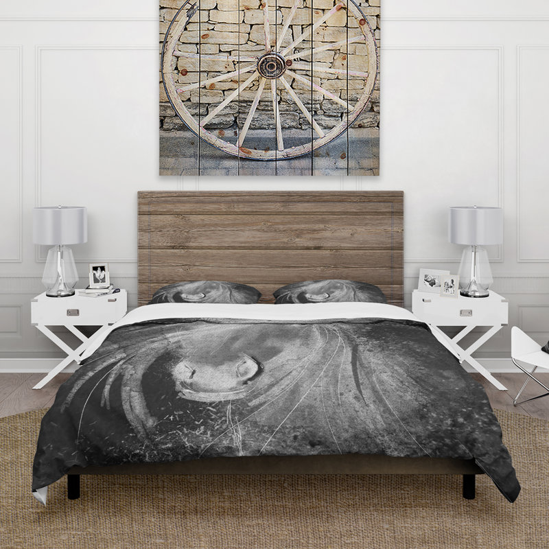 Ensemble de housse de couette Farmhouse Horse Animals - Microfibre de polyester, Blanc/noir