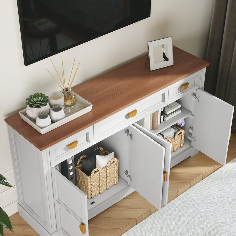 59'' W Sideboard with 3 Drawers, Mid-Century Style 4-Door Storage Cabinet, White