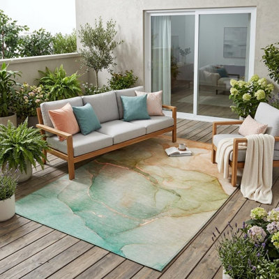 Tapis extérieur lavable et antidérapant abstrait vert et rose 5 pi x 8 pi