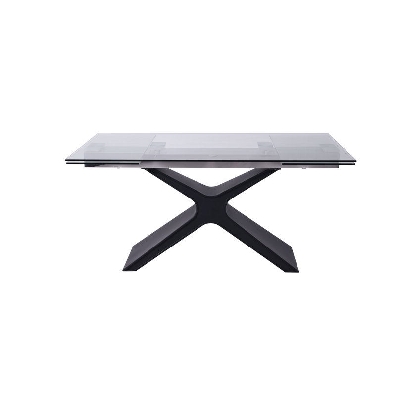 Boughner Clear and Black Glass and Metal Drop Leaf Pedestal Base Dining Table, 30" H x 63" W x 35" D