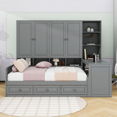 2 Drawers Wood Daybed with Built-in Desk and Shelves