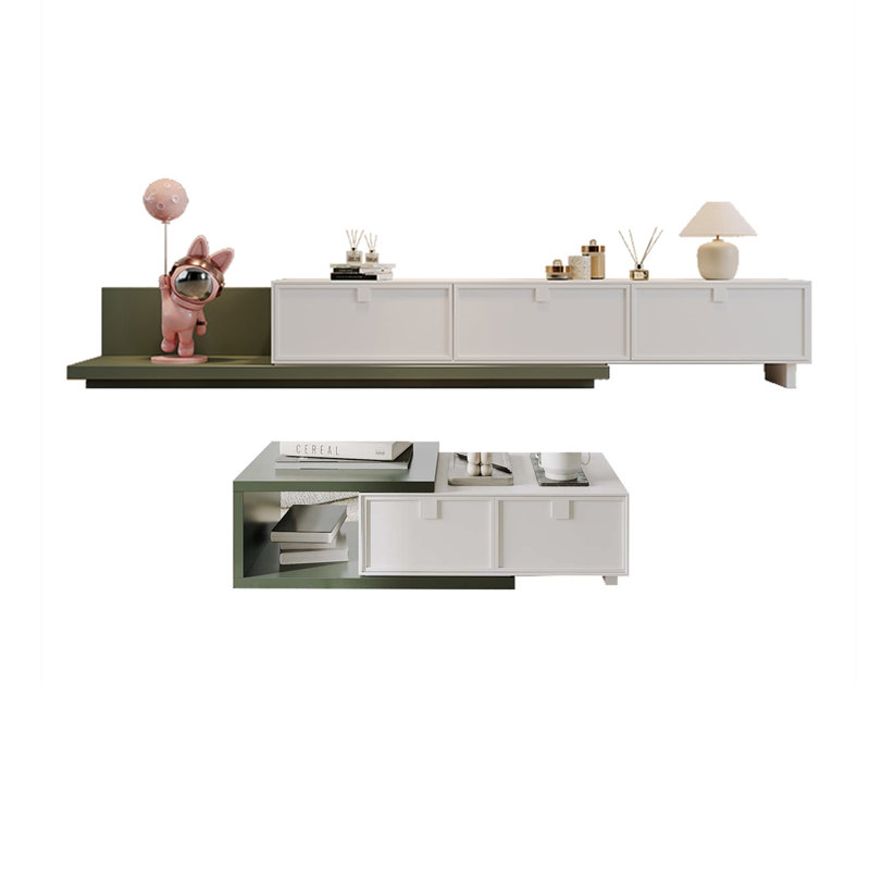 Ensemble de meuble télé rétractable vert et table basse