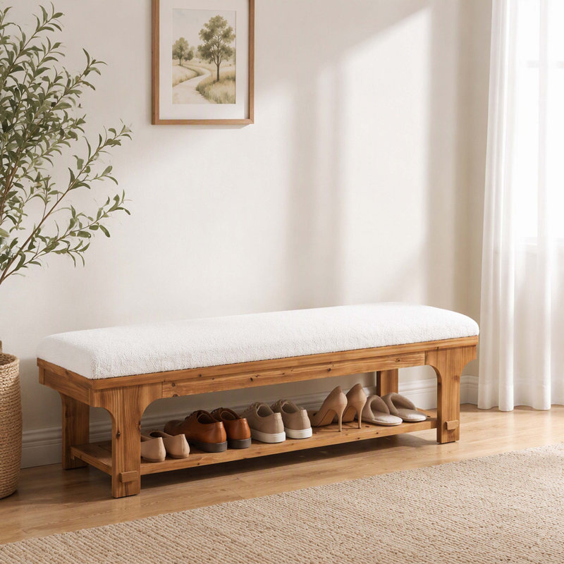 Banc d'entrée rustique en bois massif de 150 cm, banquette rembourrée en tissu bouclé avec étagère à chaussures à lattes
