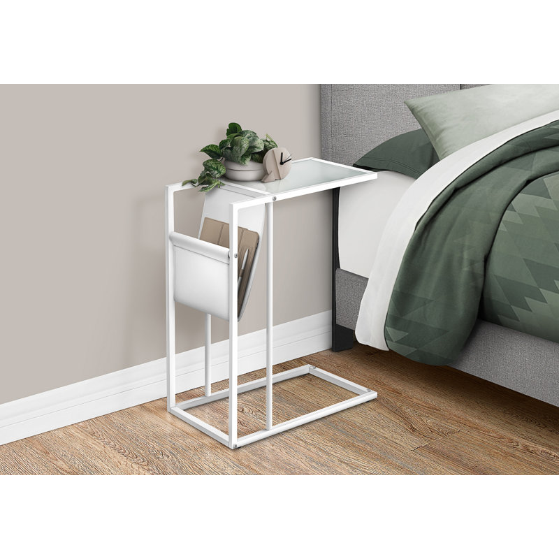 Table d'appoint en forme de C, bout, côté, collation, rangement pour magazines, aspect cuir blanc, métal blanc