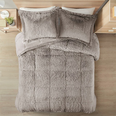 Très grand / très petit édredon à poils longs très grand - gris, doux et chaud, rembourré, 2 taies décoratives assorties à texture de fourrure longue, laver à la machine, sécher par culbutage