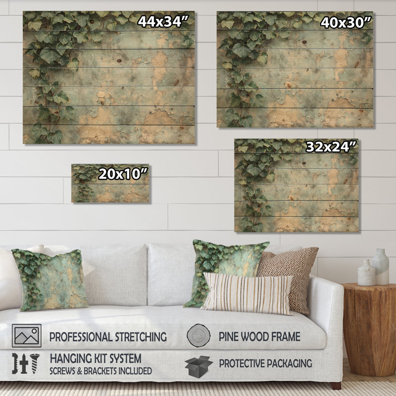 Collage de feuilles de lierre sur un mur III - Impression sur bois de feuilles - sur bois de pin naturel, H 34 po x l 44 po