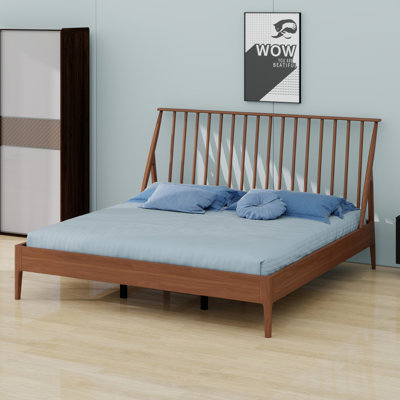 Solid Bamboo Wood Spindle Platform King Bed With Headboard, Bohemian Bed Frame With Wooden Slats And Metal Support, Mid-Century Modern Style