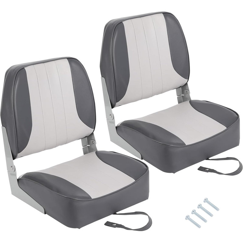 Set of 2 Folding Low Back Boat Seats, Thick Padded Weatherproof PVC Captain Chairs, Universal 5x5 Inch Bolt Design for Guardian, Speed Boats, Bass Track, Light Gray