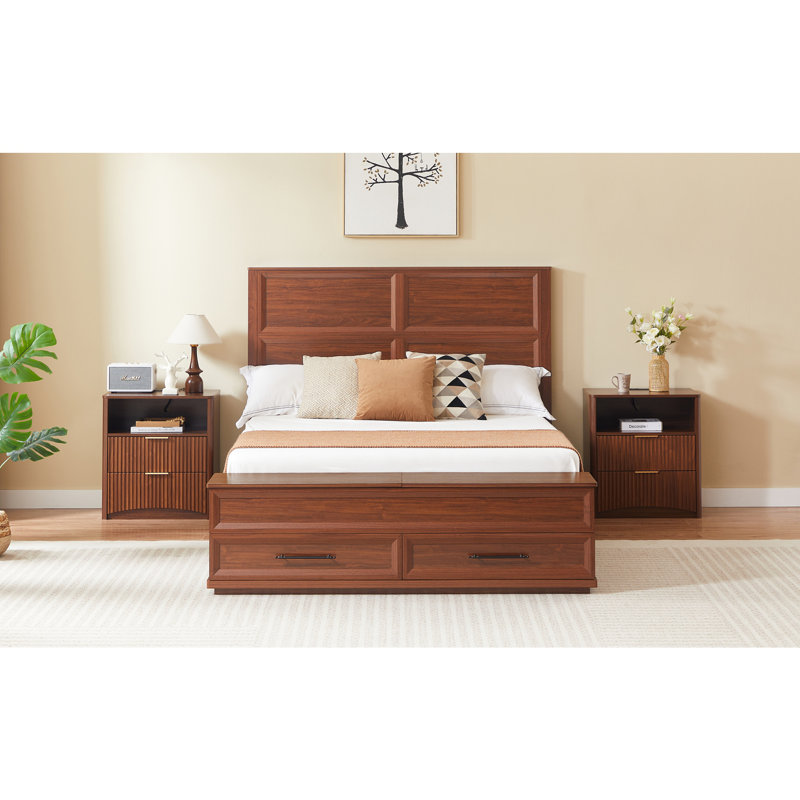 Lit avec tête de lit géométrique 3D et banc de rangement - rangement à 4 tiroirs, mobilier de chambre moderne, Grand lit