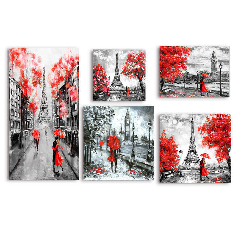Ensemble de 5 reproductions de toile traditionnel sur toile en rouge paris london collection