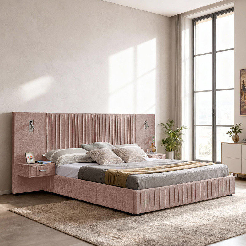 Très grand lit plateforme tapissier avec tables de chevet intégrées et lampes de lecture réglables, Rose