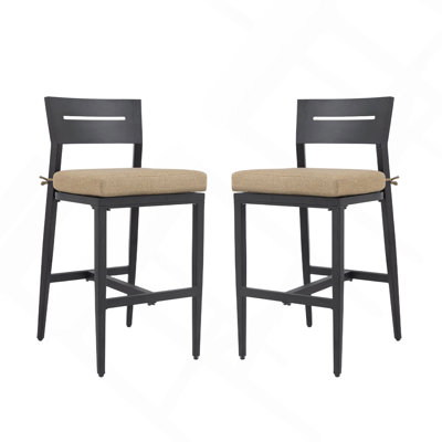 Tabourets de bar d'extérieur modernes 2 pièces, chaise de patio en aluminium avec dossier ergonomique, pieds fuselés, repose-pieds, noir Ember, coussin Sunbrella, résistant aux intempéries, pour jardin, bord de piscine et îlot de cuisine