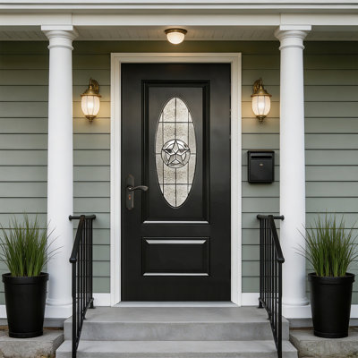 36"x80" Fiberglass Front Door with 4-9/16" PVC Frame, Exterior Door with Brickmould, Brushed Smooth Skin & Oval Decorated Glass for Home Entrance