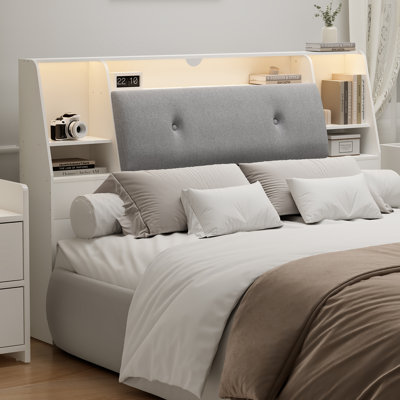 2 in 1 Bookcase Headboard With Charging Station & 2 Led Lights,Removeable Upholstered Panel by Wrought Studio