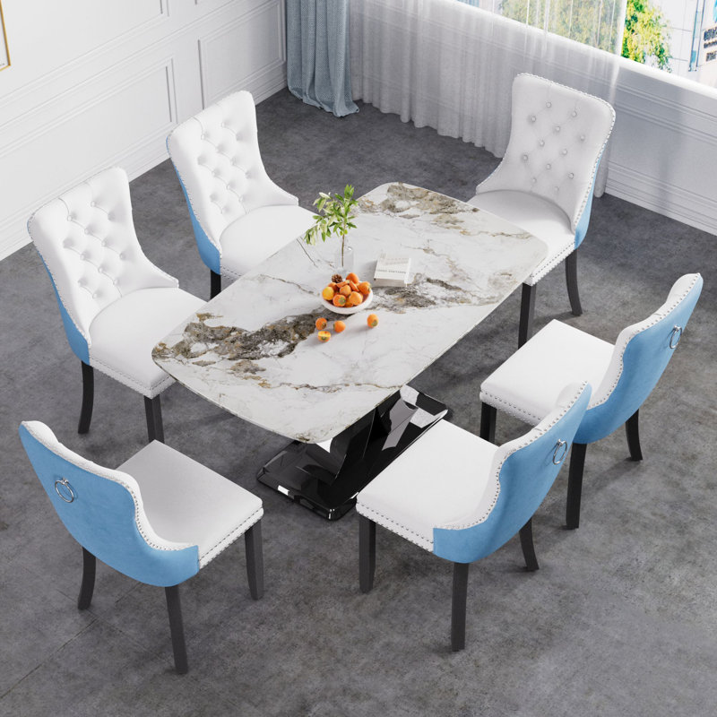 Ensemble de salle à manger à piédestal Vasia, Noir, Bleu, 7