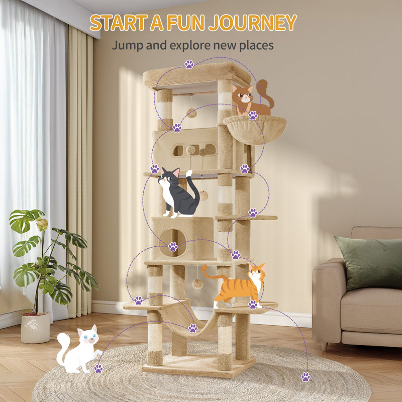 Cat Tree for Indoor Cats, Large Tall Cat Tower, Multi-Level Cats House with Condo, 8 Scratching Posts, Hammock, 4 Pom Poms