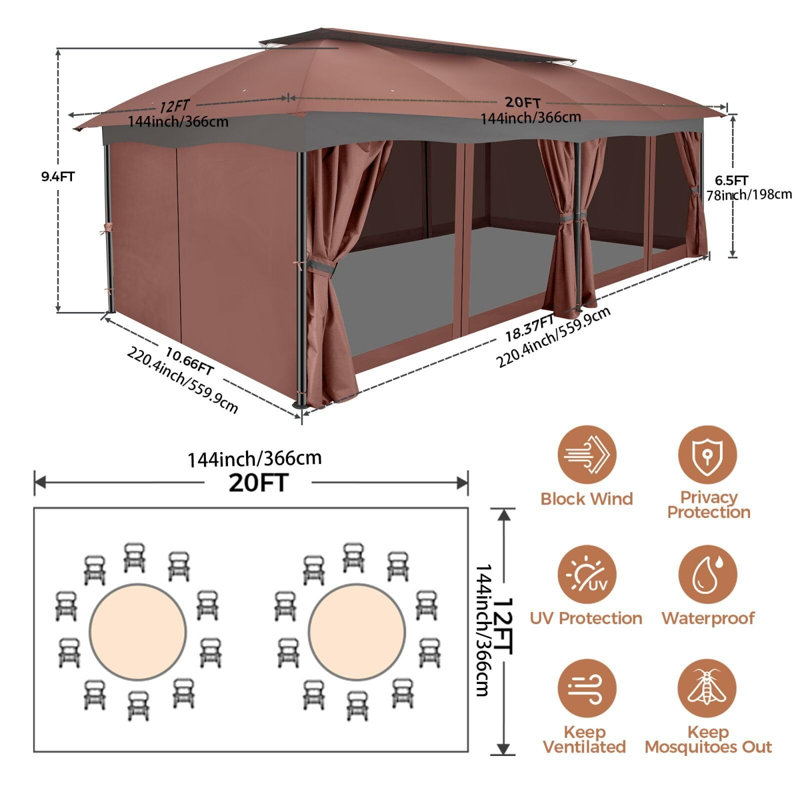 Gazebo 12x20 with Improved Cold-Proof Curtains Nettings Outdoor Gazebo, Brown