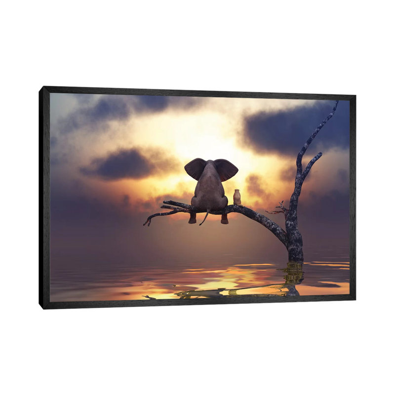 Elephant And Dog Are Sitting On A Tree by Mike Kiev - Print on Canvas, Black Framed Canvas, 66.04 cm H x 45.72 cm W