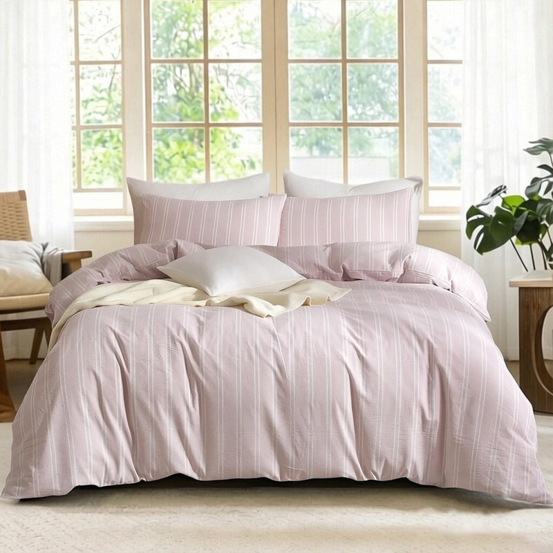 Ensemble de housse de couette à rayures XINMIANFANG, Rose/Blanc, Housse de couette pour très grand lit et 2 taies