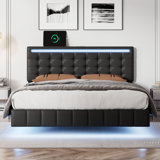 Size Floating Bed Frame With LED Lights And USB Charging,Modern Upholstered Platform LED Bed Frame,
