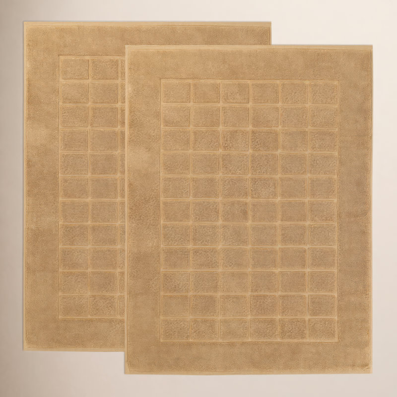 Nora Cotton Terry Solid Absorbent Thick Checkered Washable 2 Piece Bath Mat Set, Latte