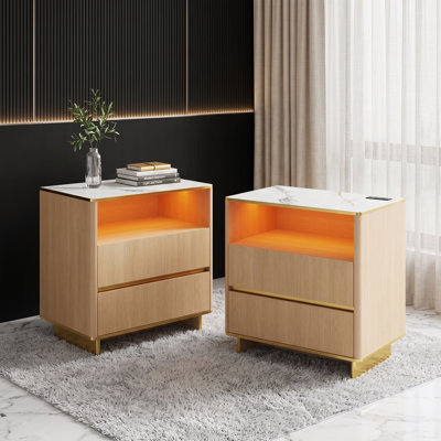 Ensemble de 2 tables de chevet Dickens de 80 cm de hauteur avec station de charge et éclairage DEL, 2 tiroirs et plateau effet marbre brillant
