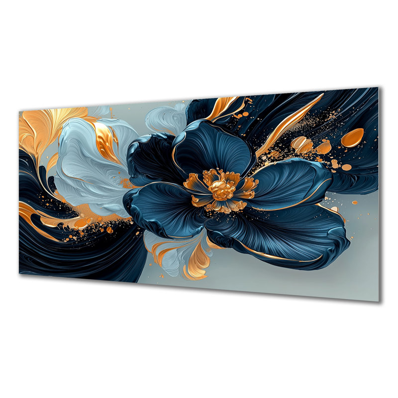 Décoration murale dorée en velours bleu marguerites encre I - boutons d'or, H 28 po x l 60 po