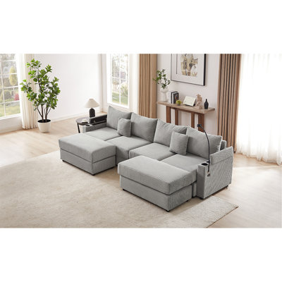123.2" Grey With Storage Space, Two Movable Ottomans, Ports, Cup Holders, A Phone Holder And Thick Seat Cushion For Modern Style 4 Sectional Couch Living Room